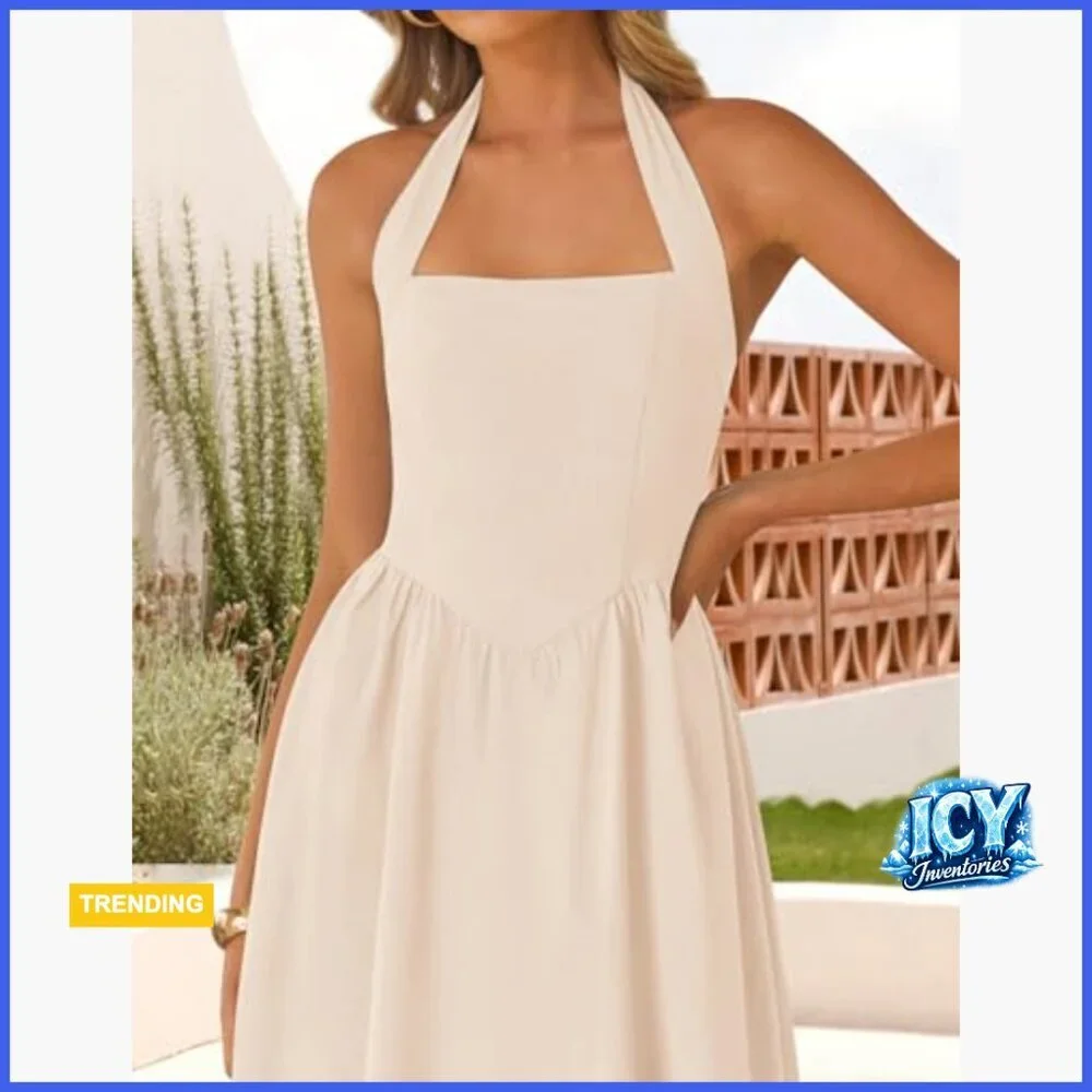 Sleeveless Halter Midi Dress Off Shoulder High Waist Flowy Beach Wedding Guest
